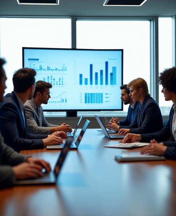 A diverse group of professional consultants engaged in a strategic discussion in a modern boardroom, symbolizing collaboration and innovation.